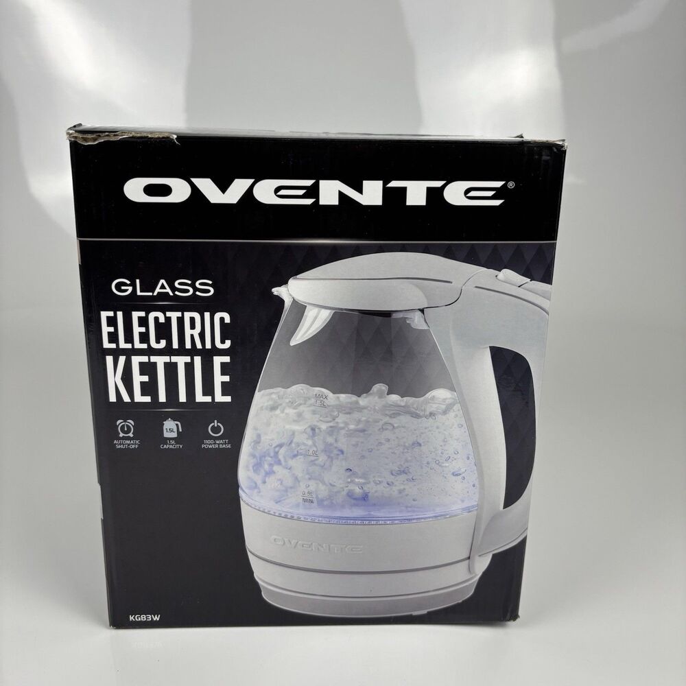 Ovente Electric Glass Kettle 1.5 Liter BPA-Free 1100W Auto Shut Off White KG83W